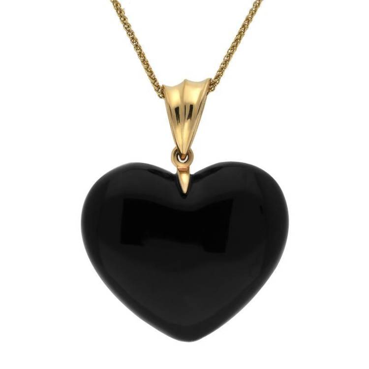 9ct Yellow Gold Whitby Jet Carved Heart Wavy Bail Necklace - Option1 Value Yellow Gold