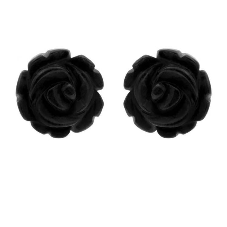 9ct Yellow Gold Whitby Jet Tuberose 10mm Rose Stud Earrings - Yellow Gold