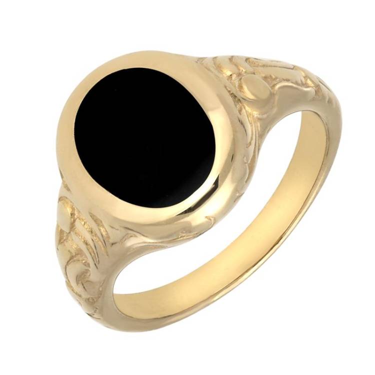 9ct Yellow Gold Whitby Jet Carved Shoulder Oval Signet Ring