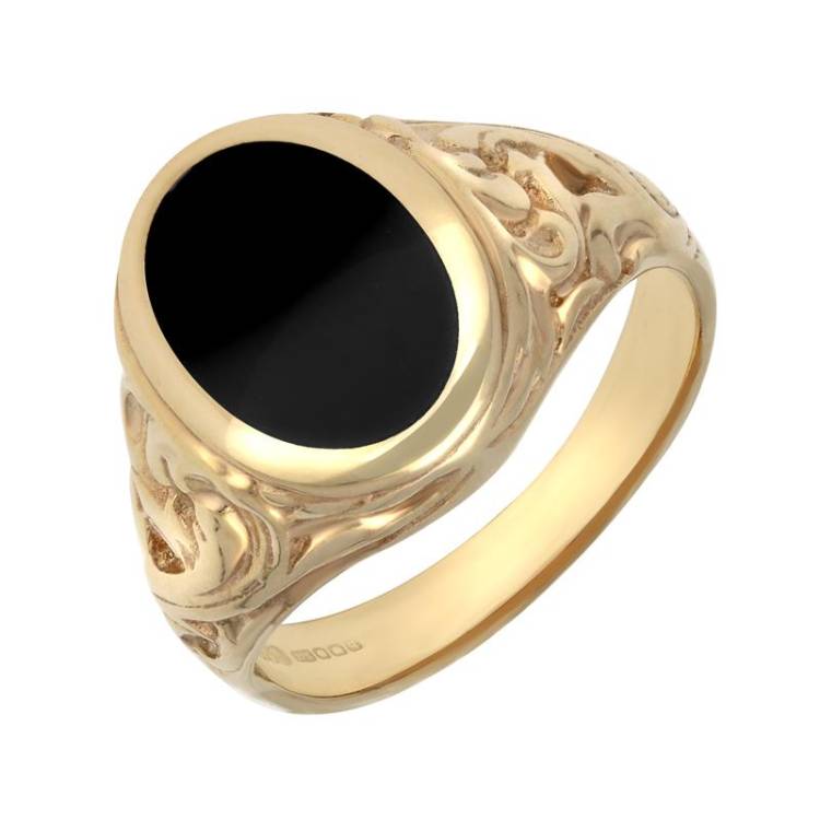 9ct Yellow Gold Whitby Jet Carved Shoulder Oval Signet Ring - Yellow Gold