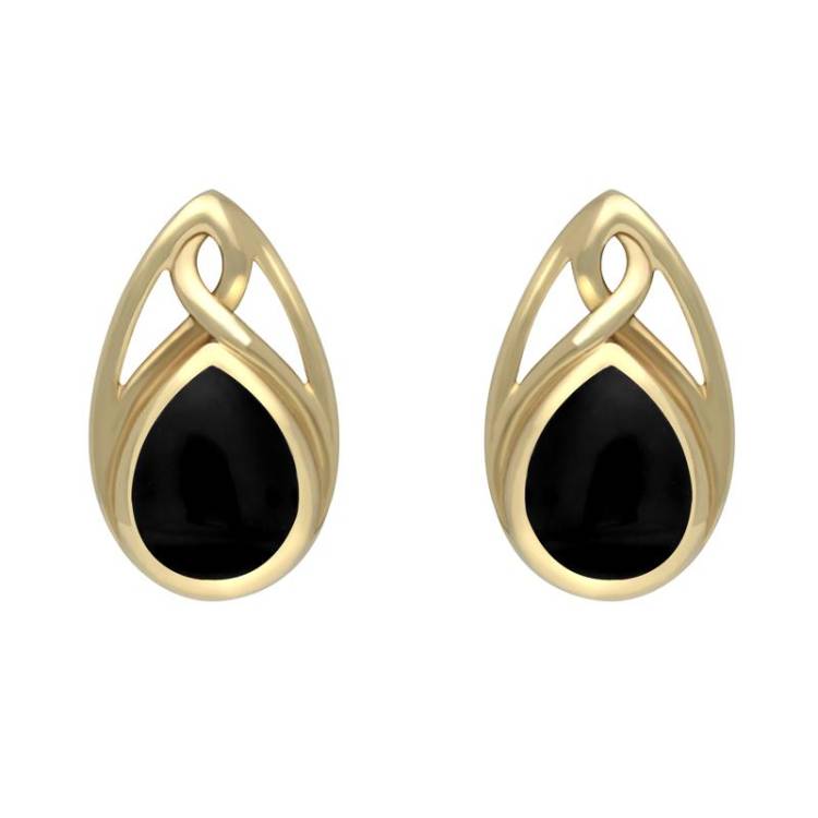 9ct Yellow Gold Whitby Jet Celtic Twist Top Stud Earrings - Yellow Gold