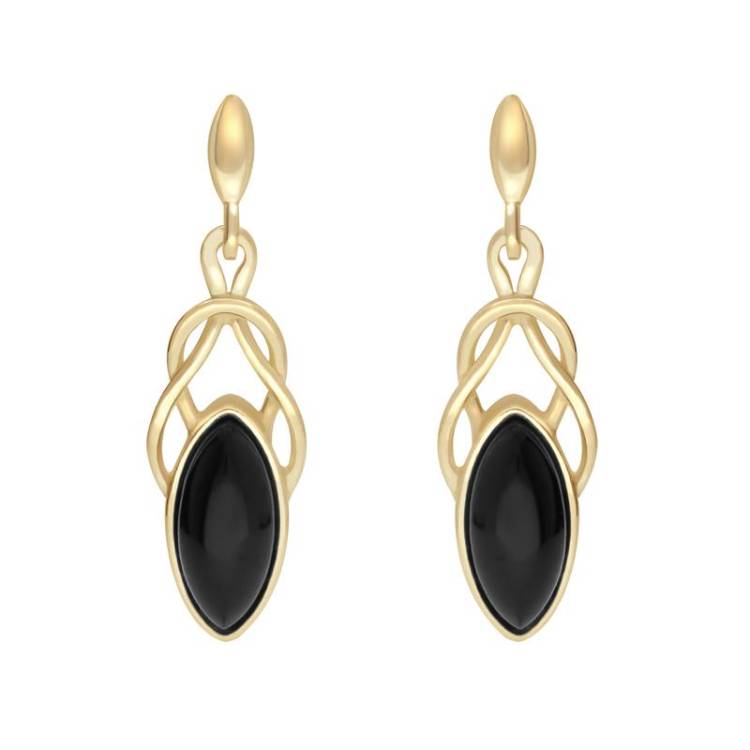 9ct Yellow Gold Whitby Jet Celtic Twist Drop Stud Earrings - Yellow Gold