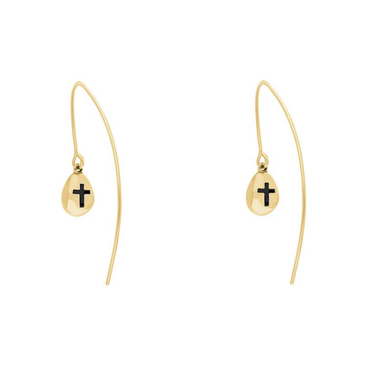 9ct Yellow Gold Whitby Jet Cross Disc Drop Earrings - Yellow Gold