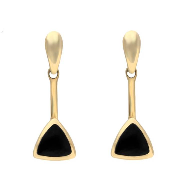 9ct Yellow Gold Whitby Jet Curved Triangle Drop Earrings - Yellow Gold