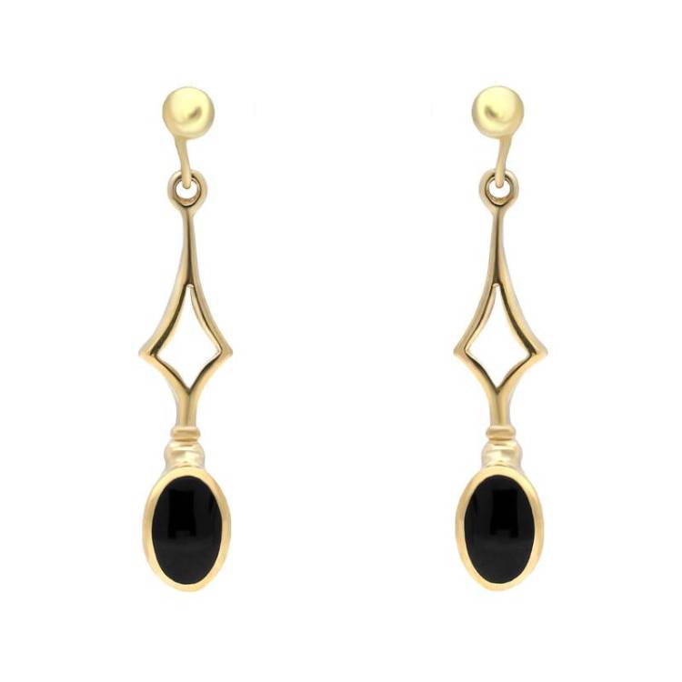 9ct Yellow Gold Whitby Jet Diamond Shape Oval Drop Earrings - Yellow Gold