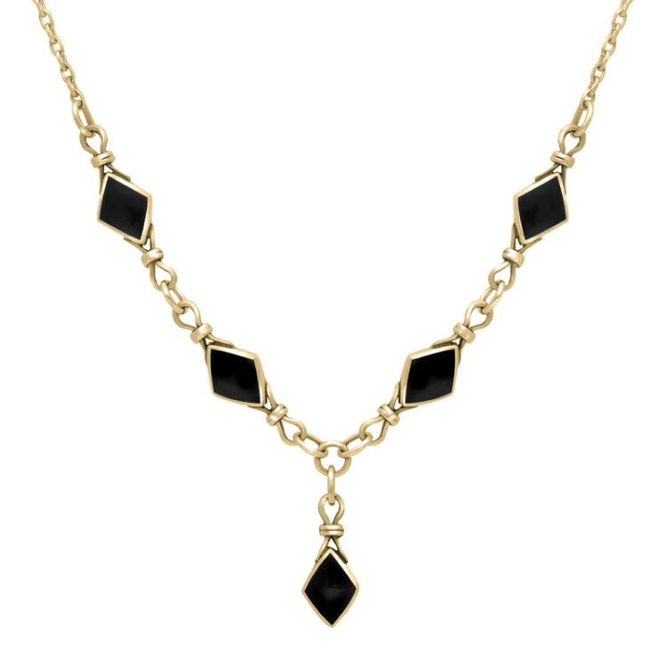 9ct Yellow Gold Whitby Jet Diamond Shaped Necklace - Yellow Gold