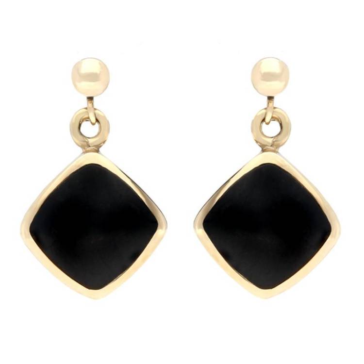 9ct Yellow Gold Whitby Jet Cushion Drop Earrings - Yellow Gold