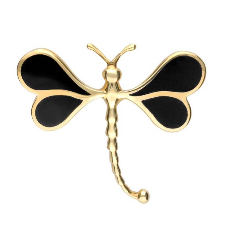 9ct Yellow Gold Whitby Jet Dragonfly Brooch - Yellow Gold