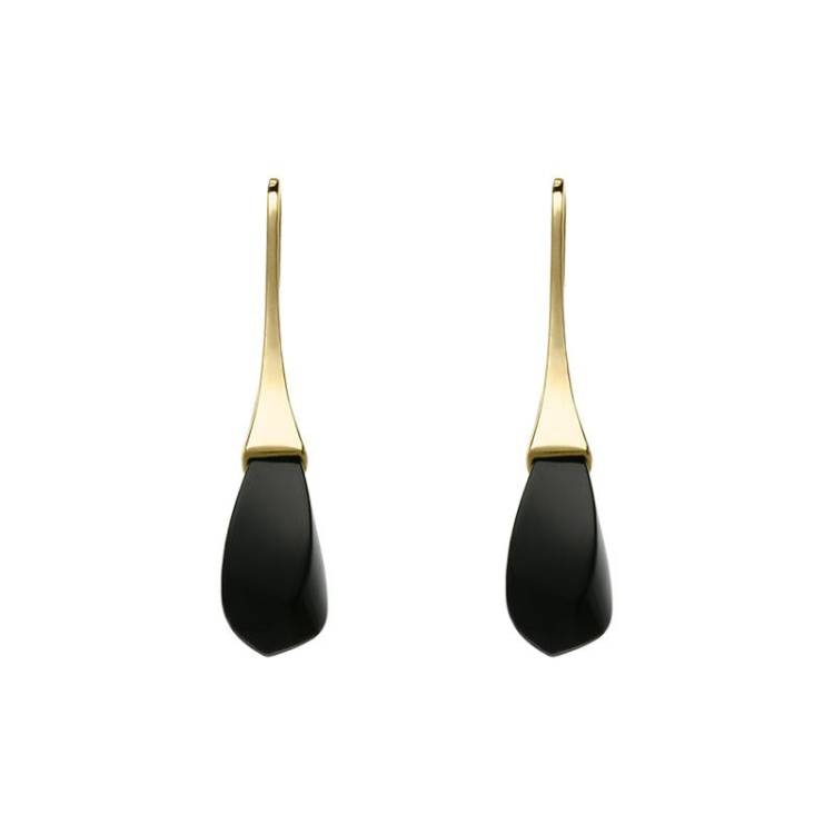 9ct Yellow Gold Whitby Jet Drop Hook Earrings D - Yellow Gold