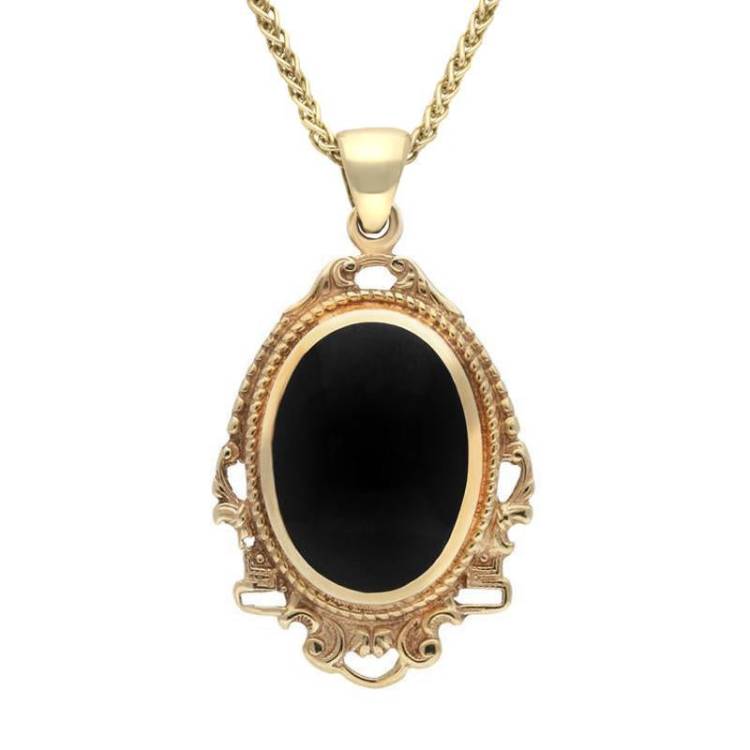 9ct Yellow Gold Whitby Jet Edwardian Oval Drop Necklace - Yellow Gold