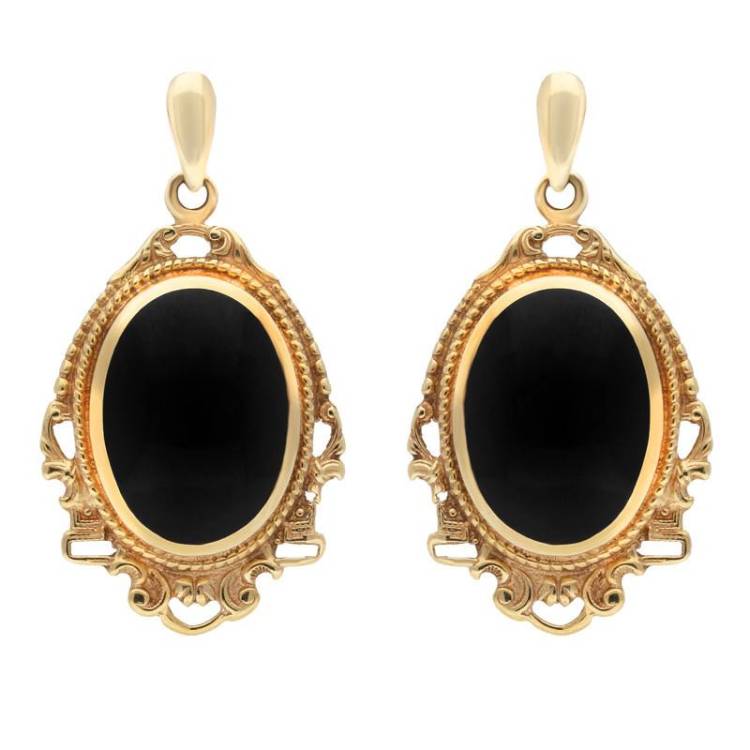 9ct Yellow Gold Whitby Jet Edwardian Style Oval Drop Earrings - Yellow Gold