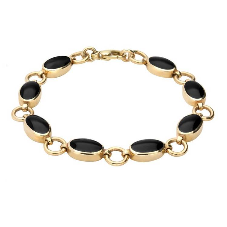 9ct Yellow Gold Whitby Jet Eight Stone Round Ring Bracelet - Yellow Gold