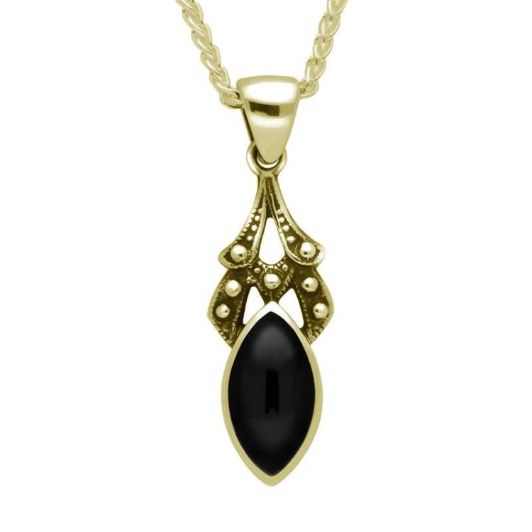 9ct Yellow Gold Whitby Jet Marquise Drop Necklace - Yellow Gold