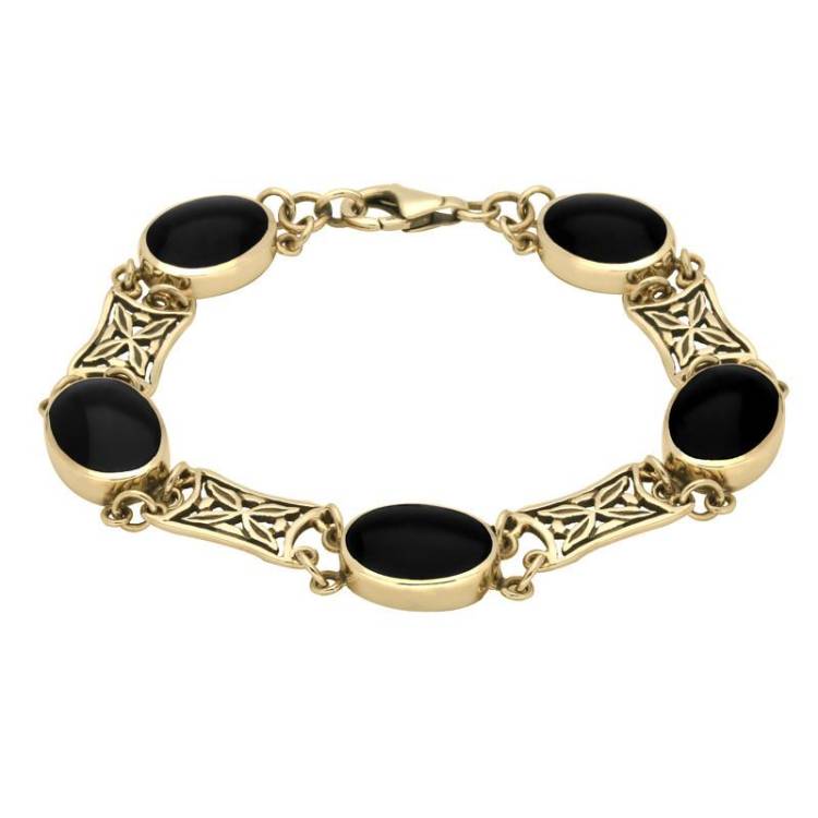9ct Yellow Gold Whitby Jet Five Stone Pierced Oval Bracelet - Yellow Gold