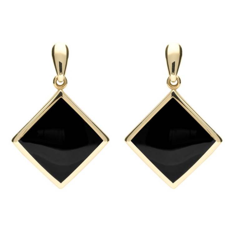 9ct Yellow Gold Whitby Jet Rhombus Drop Earrings - Yellow Gold