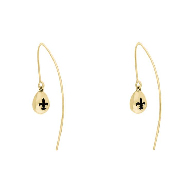 9ct Yellow Gold Whitby Jet Fleur De Lis Disc Drop Earrings - Yellow Gold