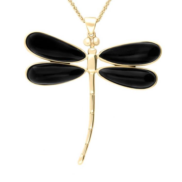 9ct Yellow Gold Whitby Jet Four Stone Large Dragonfly Necklace - Yellow Gold