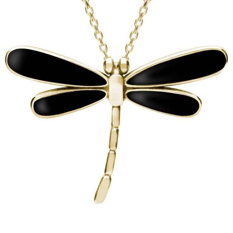 9ct Yellow Gold Whitby Jet Four Stone Small Dragonfly Necklace - Yellow Gold