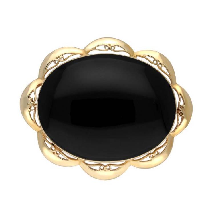 9ct Yellow Gold Whitby Jet Framed Frill Edge Oval Brooch - Yellow Gold