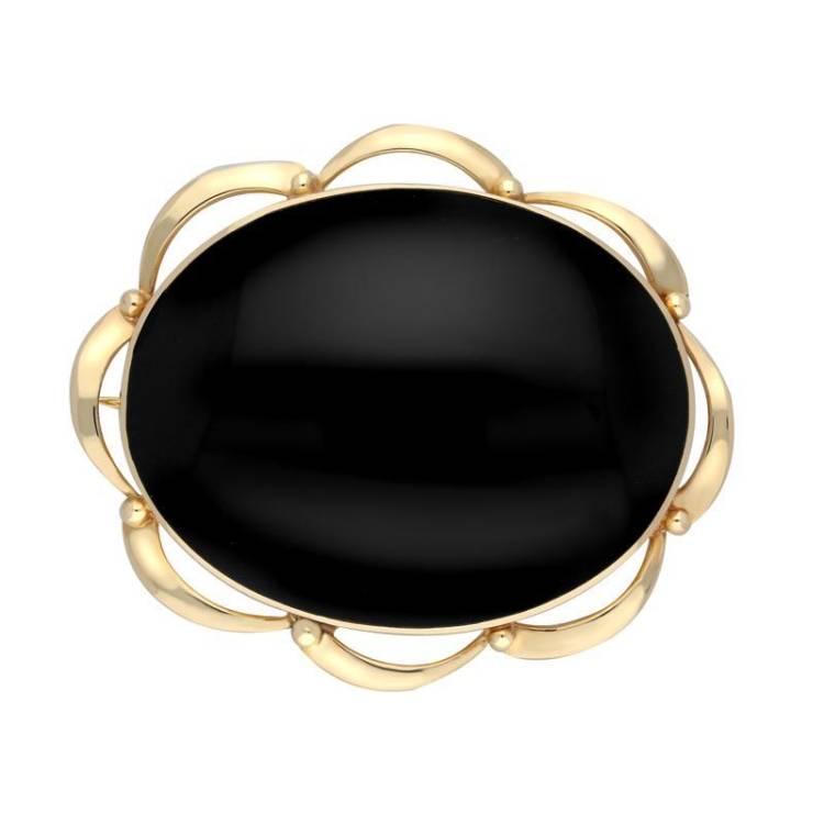 9ct Yellow Gold Whitby Jet Frill Edge Oval Brooch - Yellow Gold