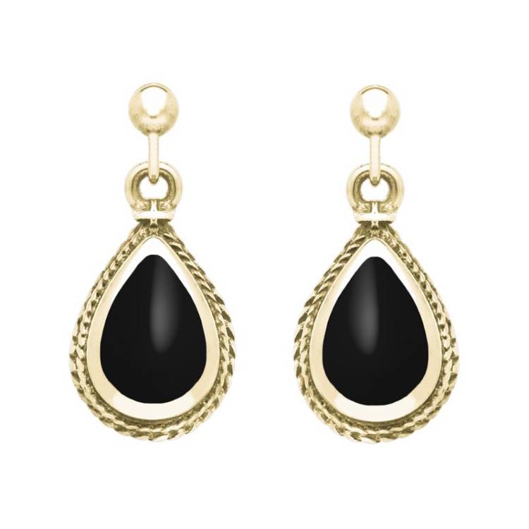 9ct Yellow Gold Whitby Jet Gold Pear Shaped Drop Earrings - Yellow Gold