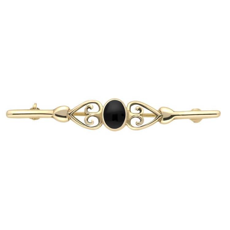 9ct Yellow Gold Whitby Jet Heart Bar Brooch - Yellow Gold