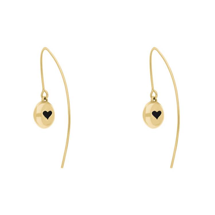 9ct Yellow Gold Whitby Jet Heart Disc Drop Earrings - Yellow Gold