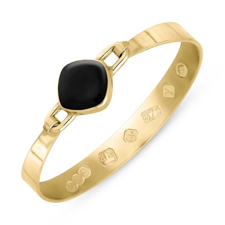 9ct Yellow Gold Whitby Jet King's Coronation Hallmark Wide Cushion Bangle