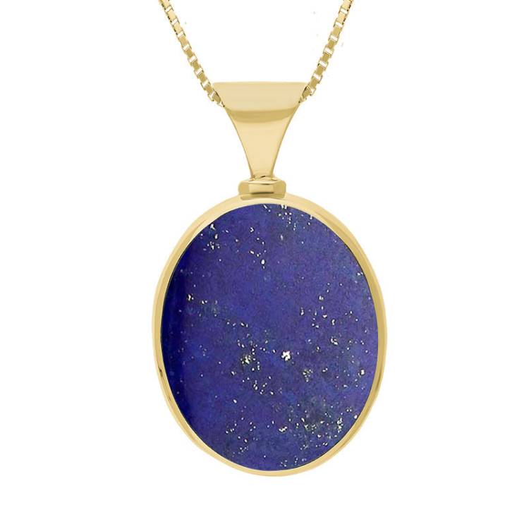 9ct Yellow Gold Whitby Jet Lapis King's Coronation Hallmark Double Sided Oval Necklace