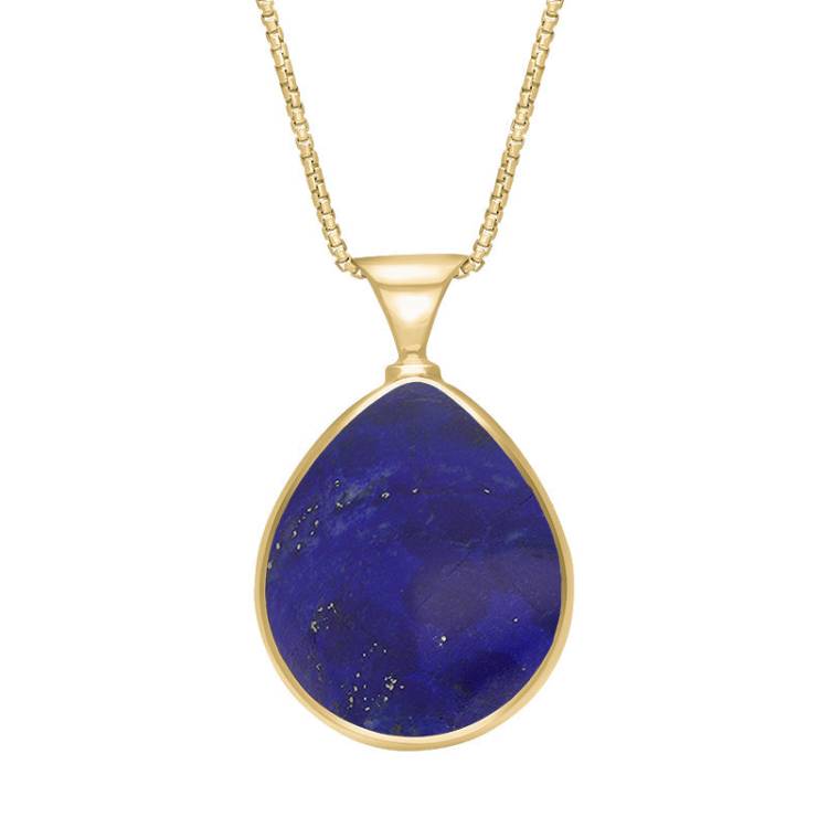 9ct Yellow Gold Whitby Jet Lapis King's Coronation Hallmark Double Sided Pear-shaped Necklace