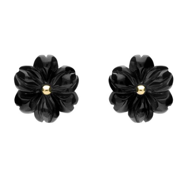 9ct Yellow Gold Whitby Jet Tuberose 12mm Flower Stud Earrings - Yellow Gold