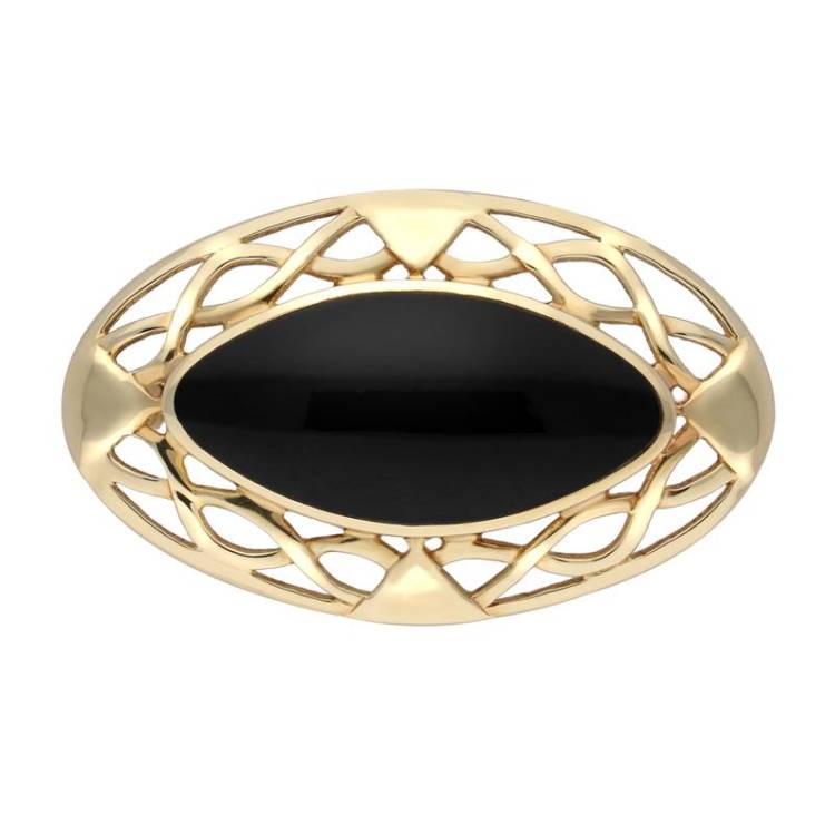 9ct Yellow Gold Whitby Jet Large Celtic Framed Brooch - Yellow Gold