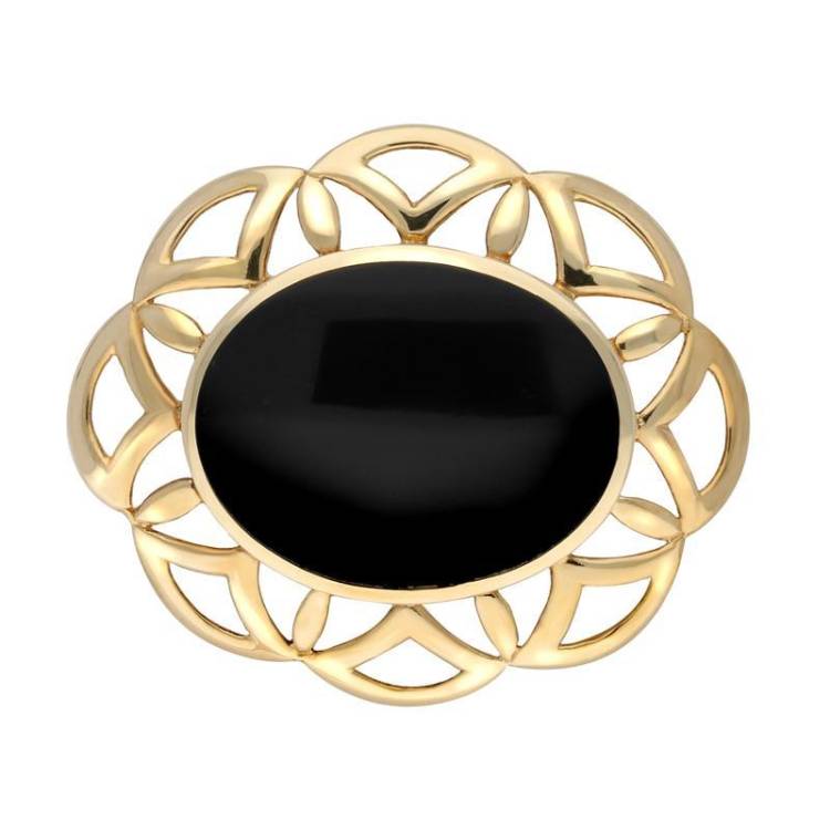 9ct Yellow Gold Whitby Jet Large Flower Brooch - Yellow Gold