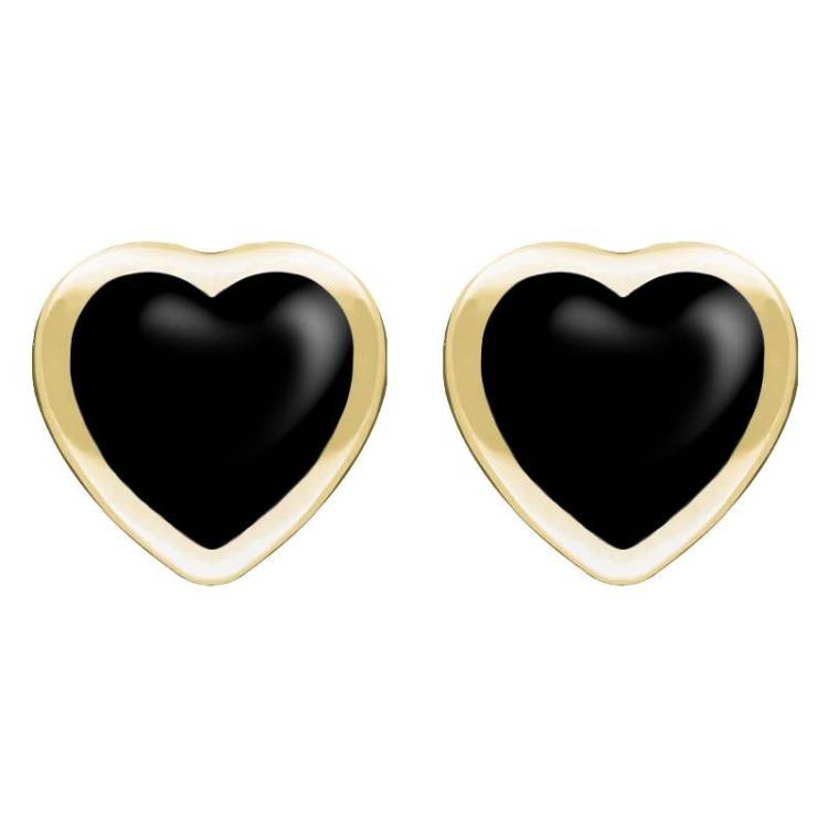 9ct Yellow Gold Whitby Jet Large Framed Heart Stud Earrings - Yellow Gold