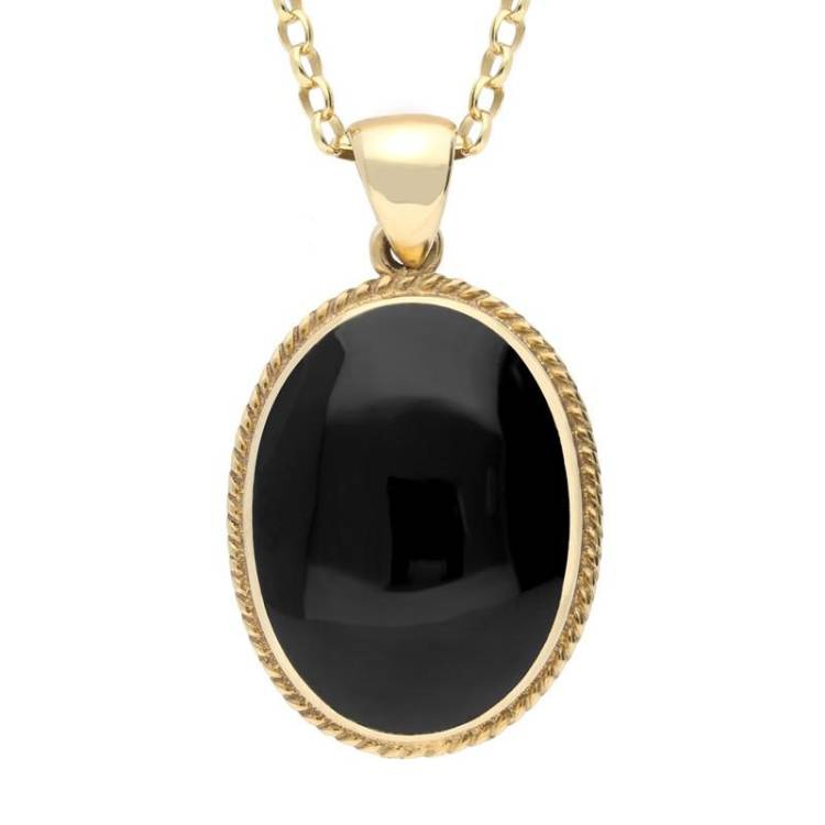 9ct Yellow Gold Whitby Jet Heritage Rope Edge Large Oval Pendant