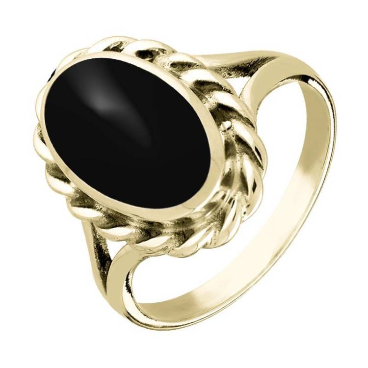 9ct Yellow Gold Whitby Jet Large Oval Rope Edge Ring - Yellow Gold