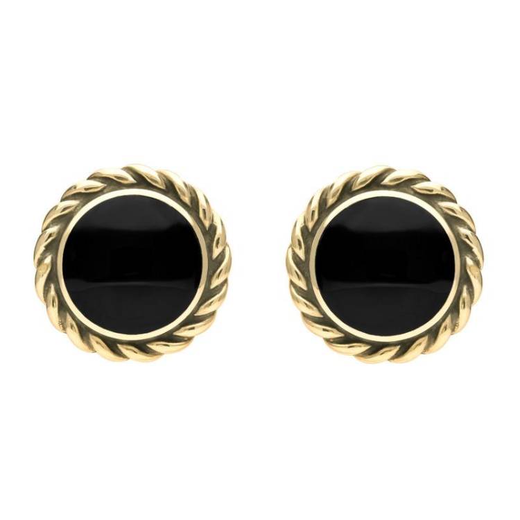 9ct Yellow Gold Whitby Jet Large Rope Edge Round Stud Earrings - Yellow Gold