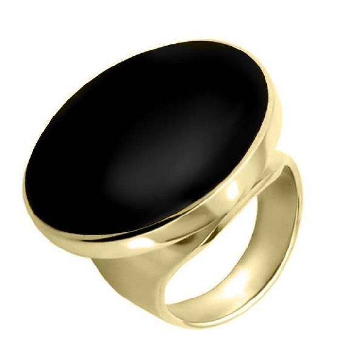 9ct Yellow Gold Whitby Jet Large Round Ring - Yellow Gold