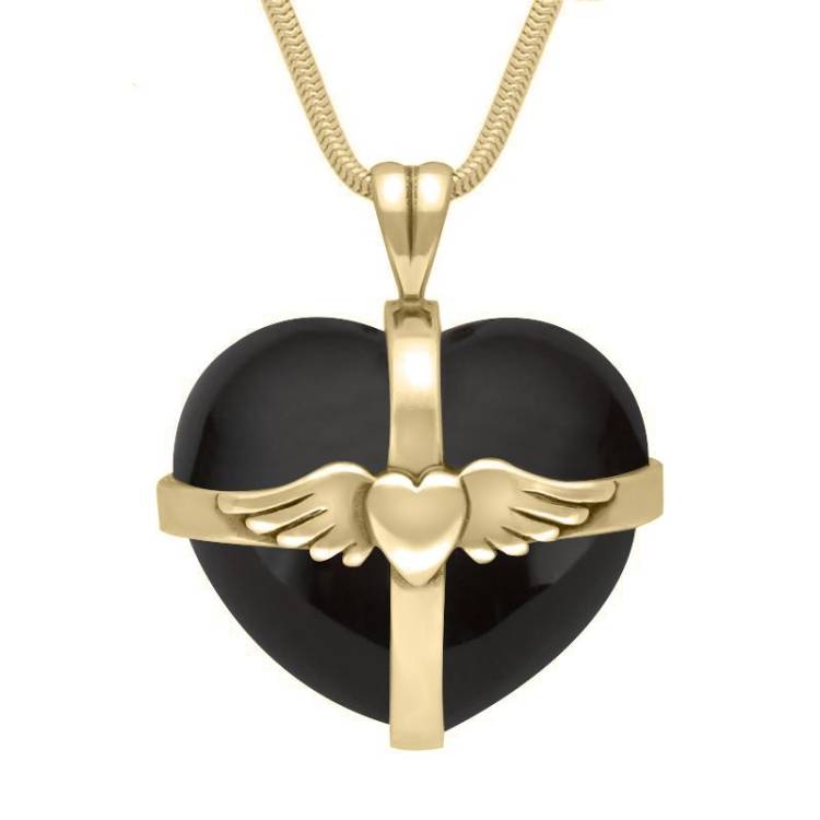 9ct Yellow Gold Whitby Jet Large Winged Cross Heart Necklace - Yellow Gold