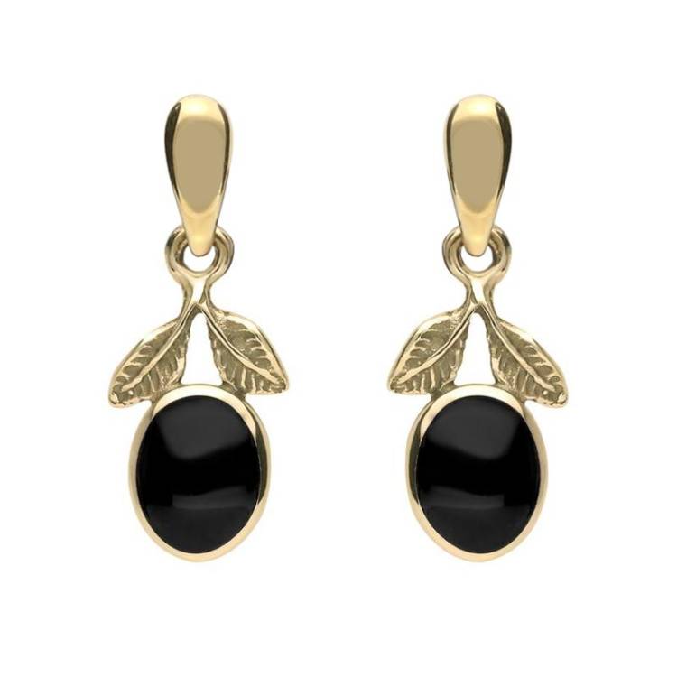 9ct Yellow Gold Whitby Jet Leaf Drop Earrings - Yellow Gold