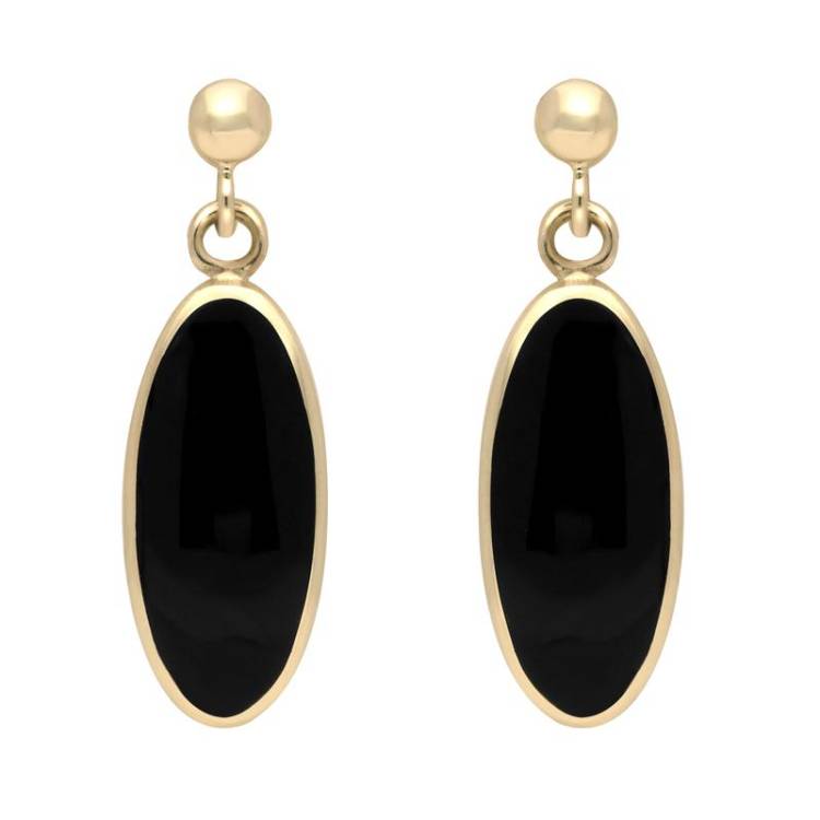 9ct Yellow Gold Whitby Jet Light Long Oval Drop Earrings - Yellow Gold