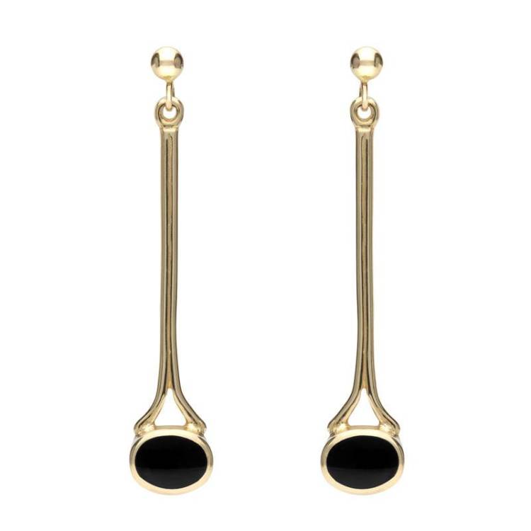 9ct Yellow Gold Whitby Jet Long Drop Earrings - Yellow Gold