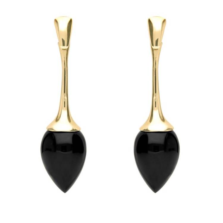 9ct Yellow Gold Whitby Jet Long Flute Pear Drop Earrings - Yellow Gold