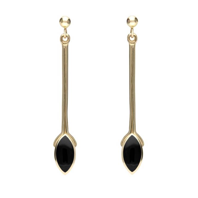 9ct Yellow Gold Whitby Jet Long Marquise Drop Earrings - Yellow Gold