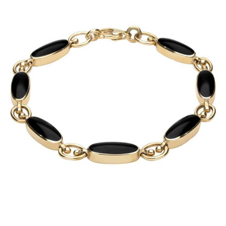 9ct Yellow Gold Whitby Jet Long Oval Bracelet - Yellow Gold