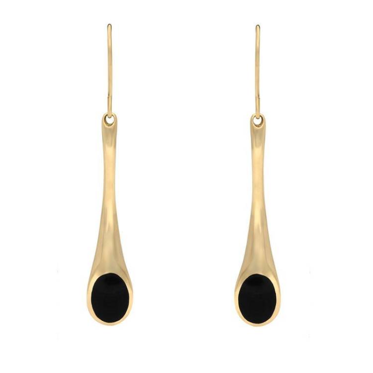9ct Yellow Gold Whitby Jet Long Tapered Drop Hook Earrings - Yellow Gold