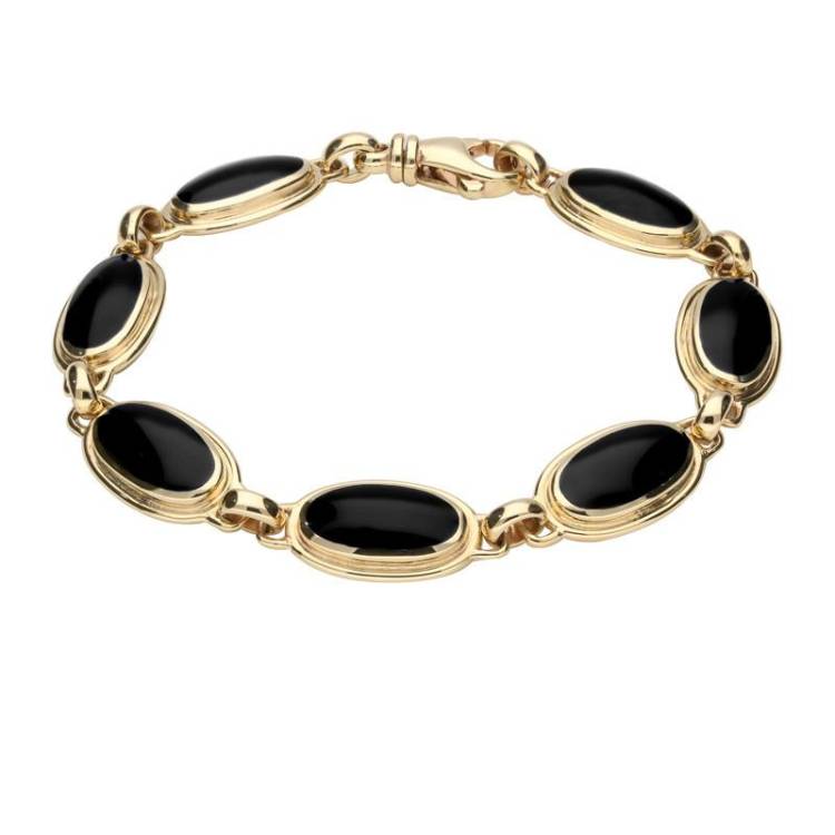 9ct Yellow Gold Whitby Jet Long Oval Ribbed Bracelet - Yellow Gold