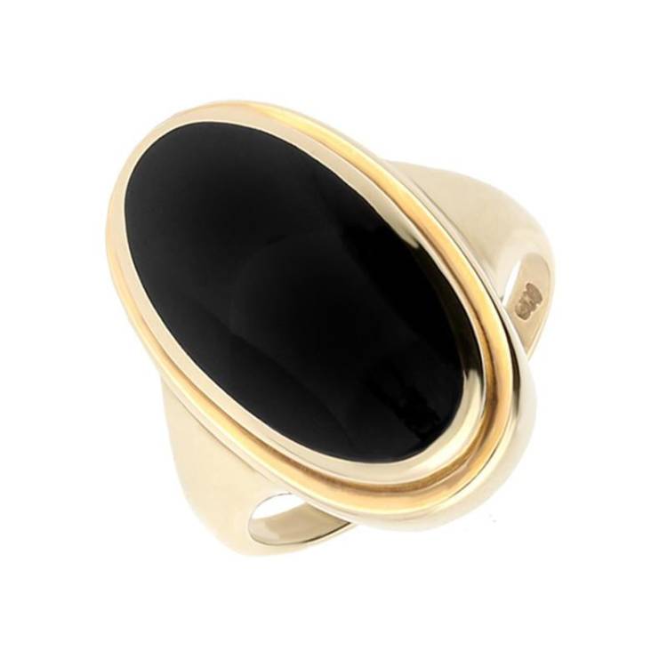 9ct Yellow Gold Whitby Jet Long Oval Top Hat Ring - Yellow Gold