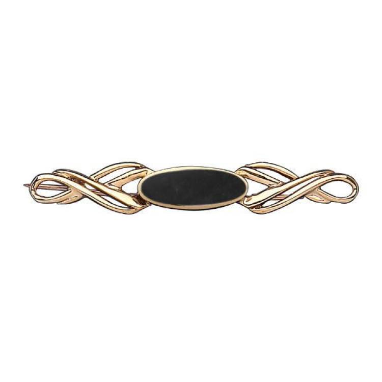 9ct Yellow Gold Whitby Jet Long Oval Twisted Bar Brooch - Yellow Gold