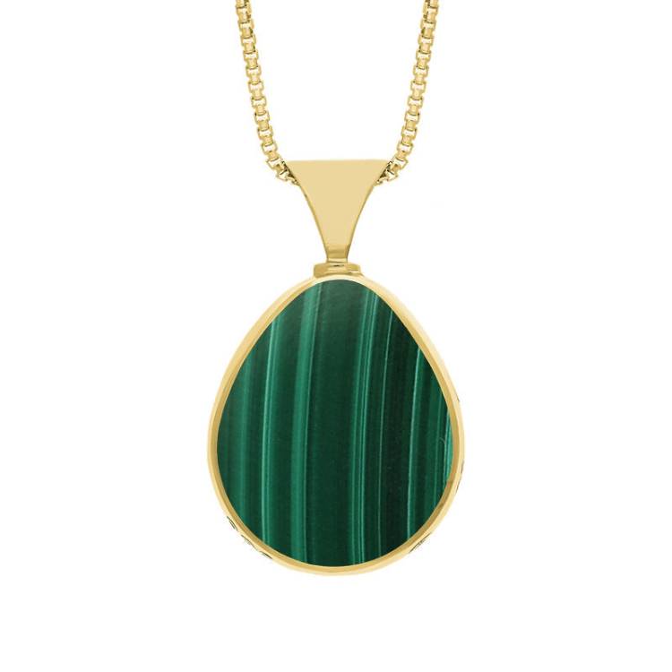 9ct Yellow Gold Whitby Jet Malachite King's Coronation Hallmark Double Sided Pear-shaped Necklace